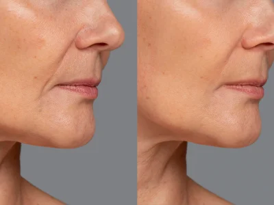 Comparativa antes y después de lifting facial mostrando mejora del óvalo facial y reducción de la flacidez en zona mandibular y cuello