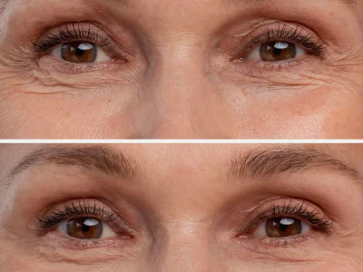 Comparativa antes y después de blefaroplastia mostrando reducción de arrugas y rejuvenecimiento del contorno de los ojos