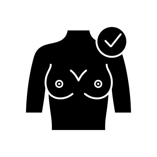 Icono de torso femenino con líneas de marcación quirúrgica y símbolo de verificación, representando el resultado exitoso de una mamoplastia